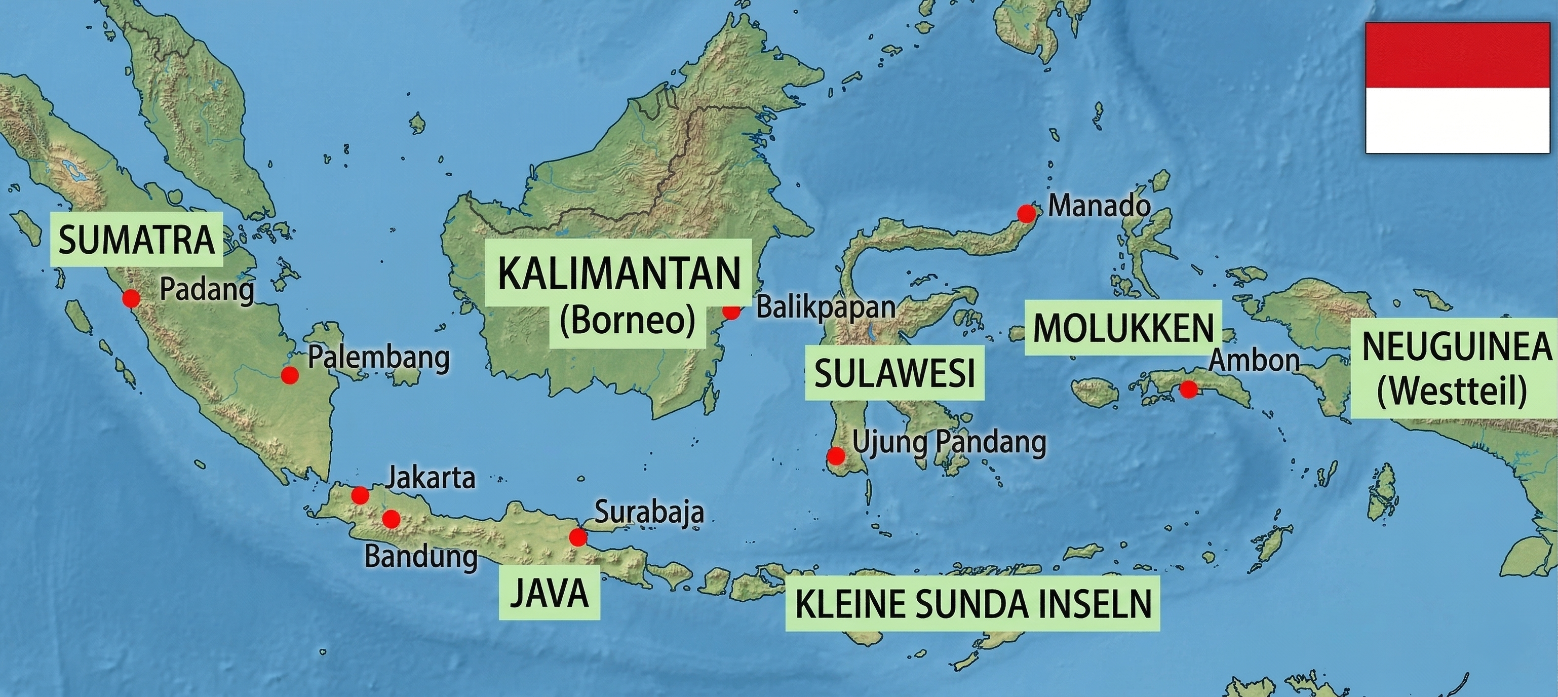 Illustrierte Übersichtskarte des indonesischen Archipels. Gezeigt werden die Hauptinseln Sumatra, Java, Kalimantan, Sulawesi, die Molukken und der westliche Teil von Neuguinea. Rote Markierungen zeigen Städte wie Jakarta, Padang und Manado. Oben rechts ist die indonesische Flagge zu sehen.